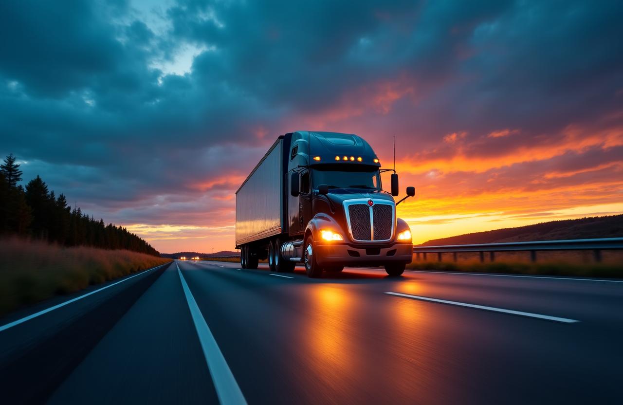 Heavy cargo truck on an open highway at dusk